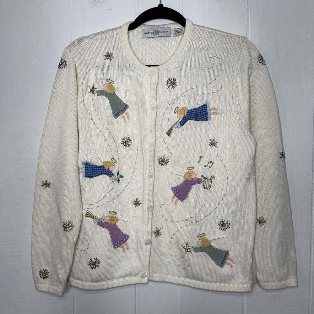 Marisa Christina Vintage Angel Embroidered Beaded Cardigan Sweater Grandma L